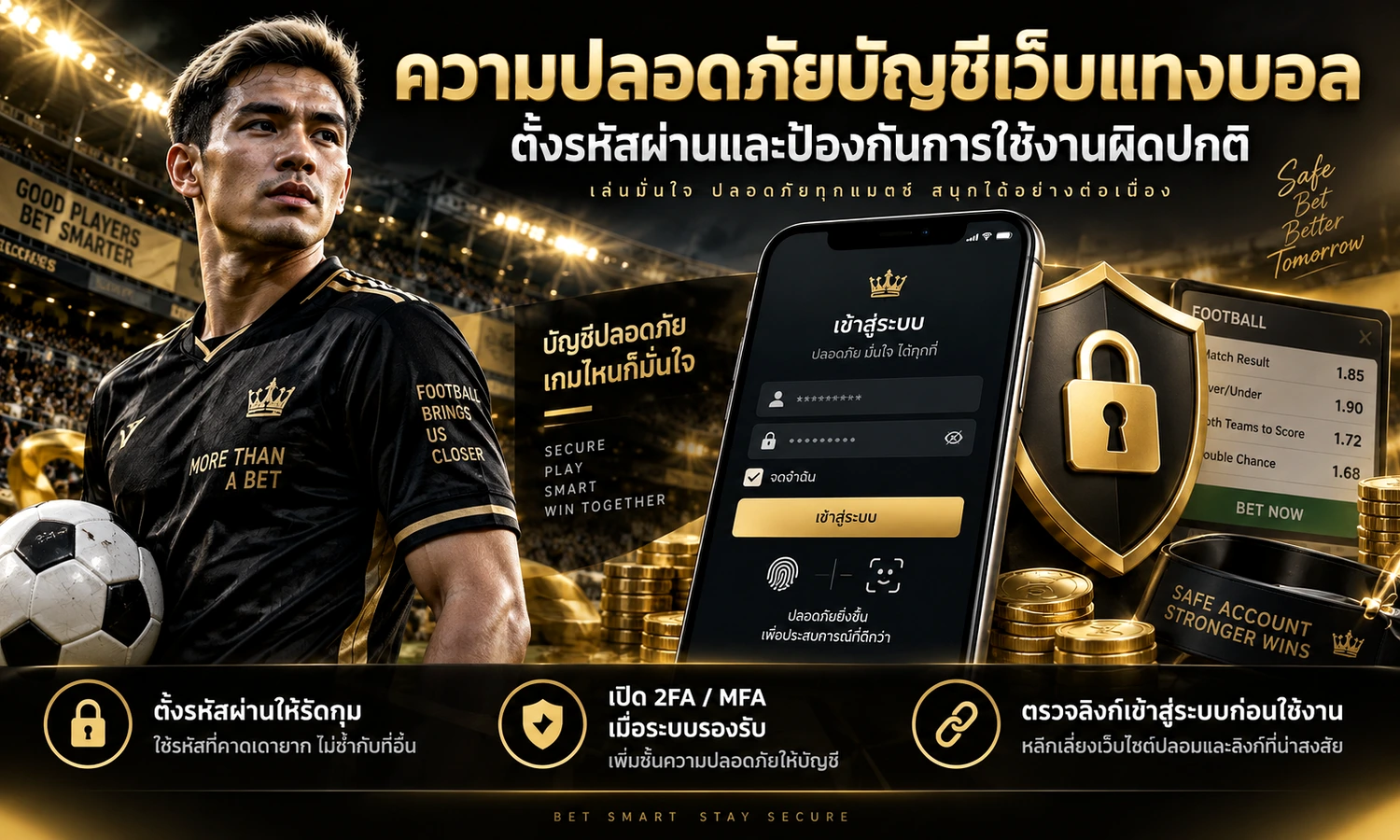 ความปลอดภัยบัญชีเว็บแทงบอล ภาพหลักโทนดำทองสำหรับบทความ