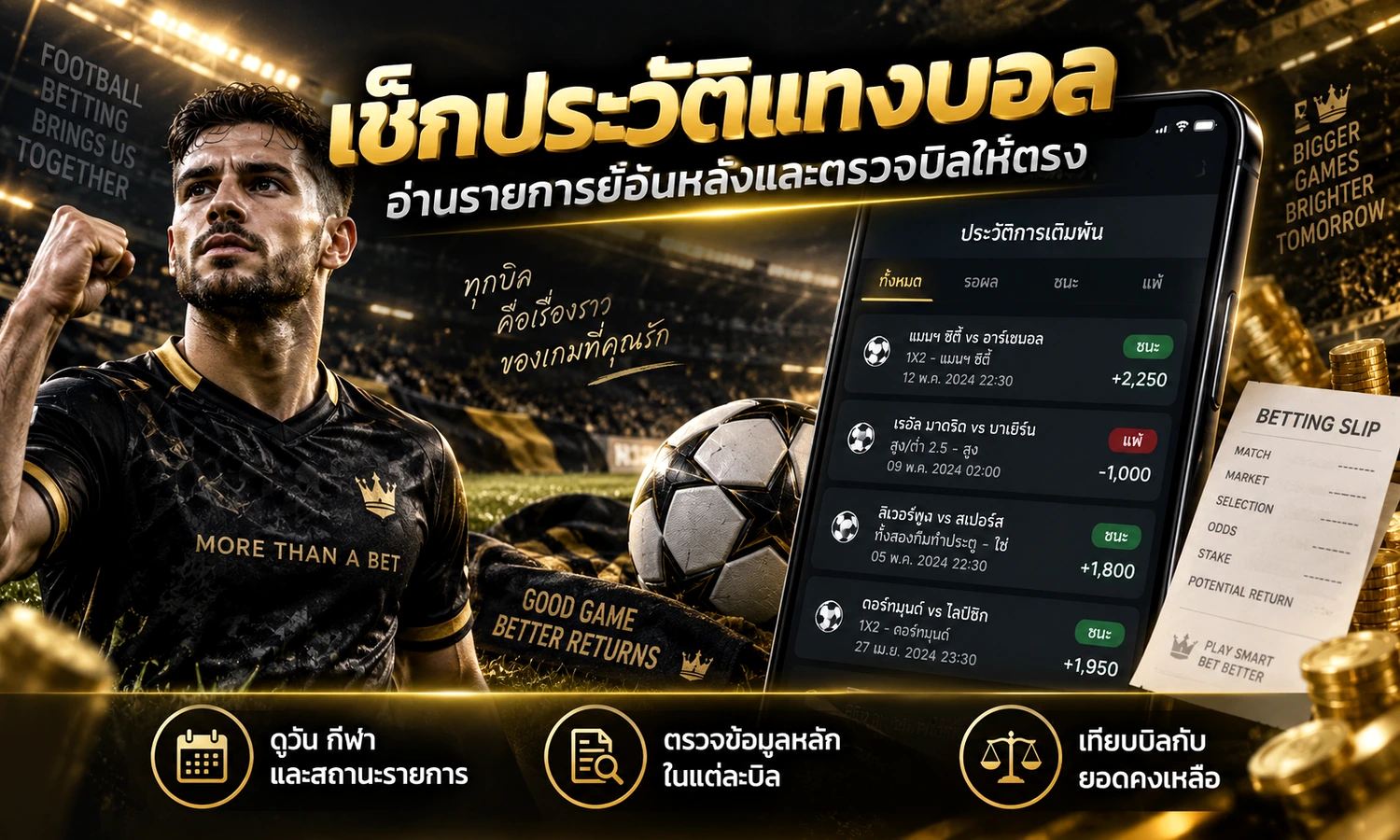 เช็กประวัติแทงบอล ภาพหลักโทนดำทองสำหรับบทความ