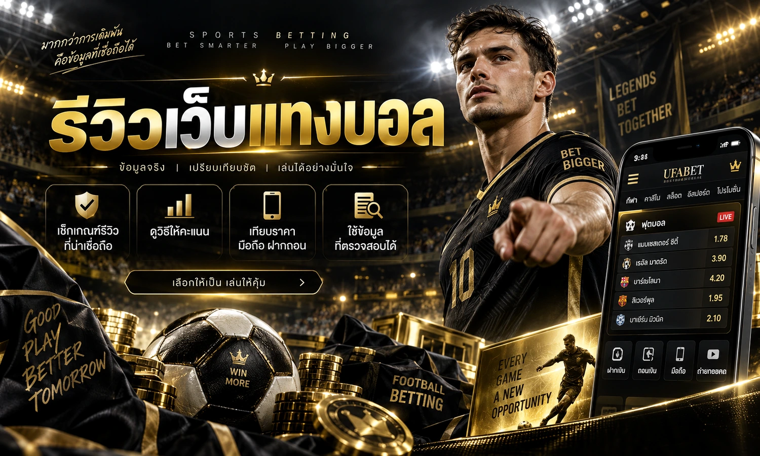 รีวิวเว็บแทงบอล ภาพหลักโทนดำทองสำหรับบทความ