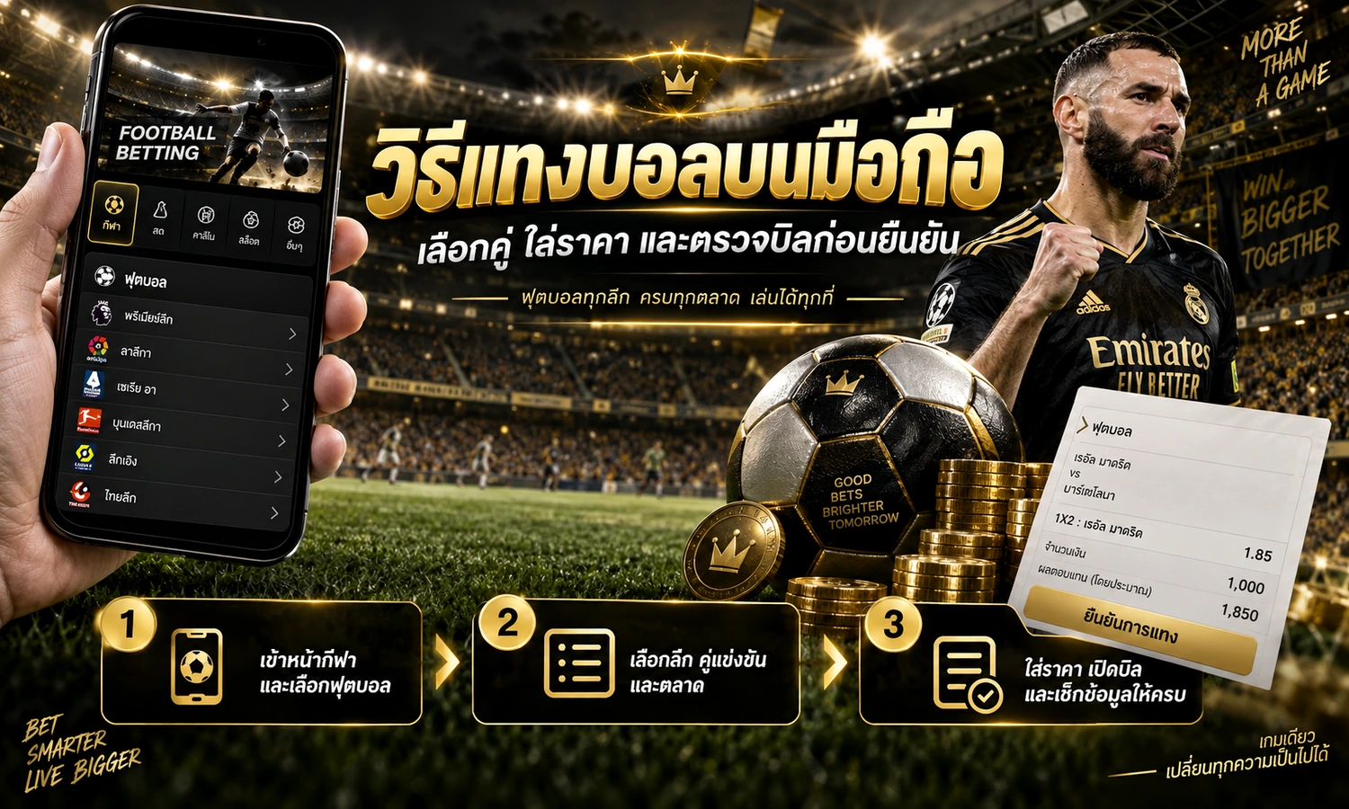 วิธีแทงบอลบนมือถือ ภาพหลักโทนดำทองสำหรับบทความ