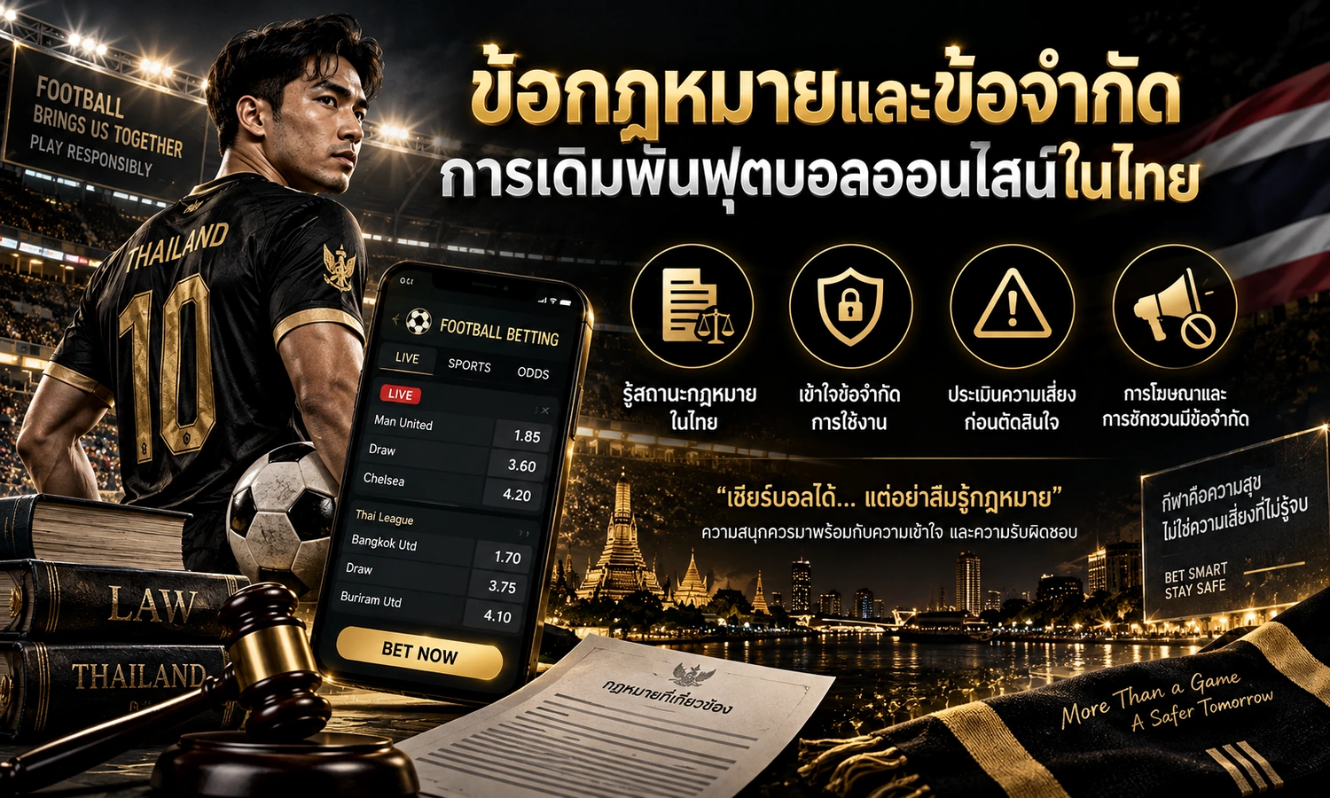 กฎหมายแทงบอลออนไลน์ ไทย ภาพหลักโทนดำทองสำหรับบทความ
