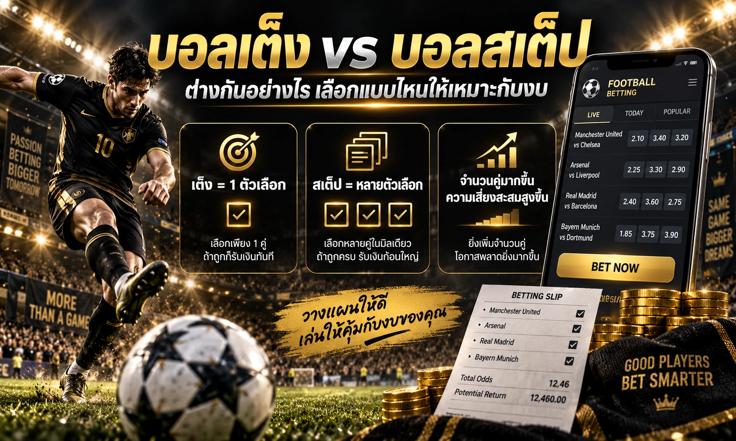 บอลเต็ง vs บอลสเต็ป ภาพหลักโทนดำทองสำหรับบทความ