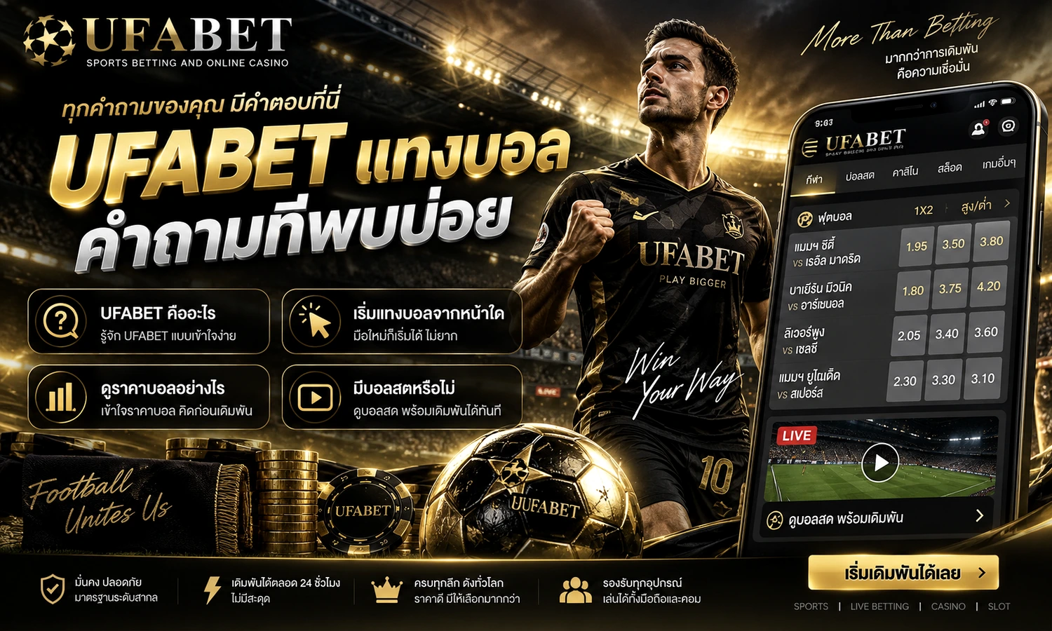 UFABET แทงบอล คำถามที่พบบ่อย ภาพหลักโทนดำทองสำหรับบทความ